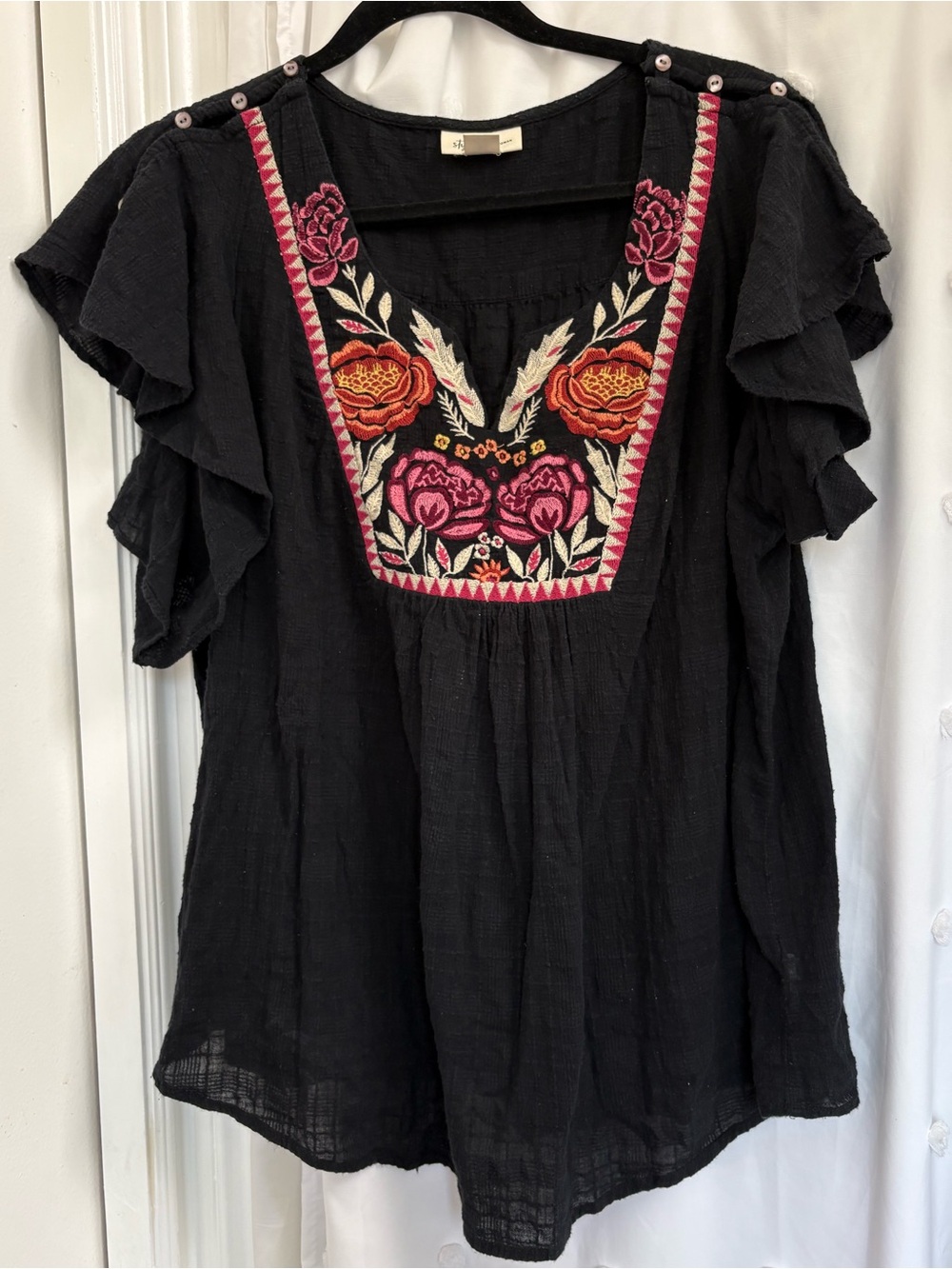 Style & Co Embroidered Flutter Sleeve Black Women's Top